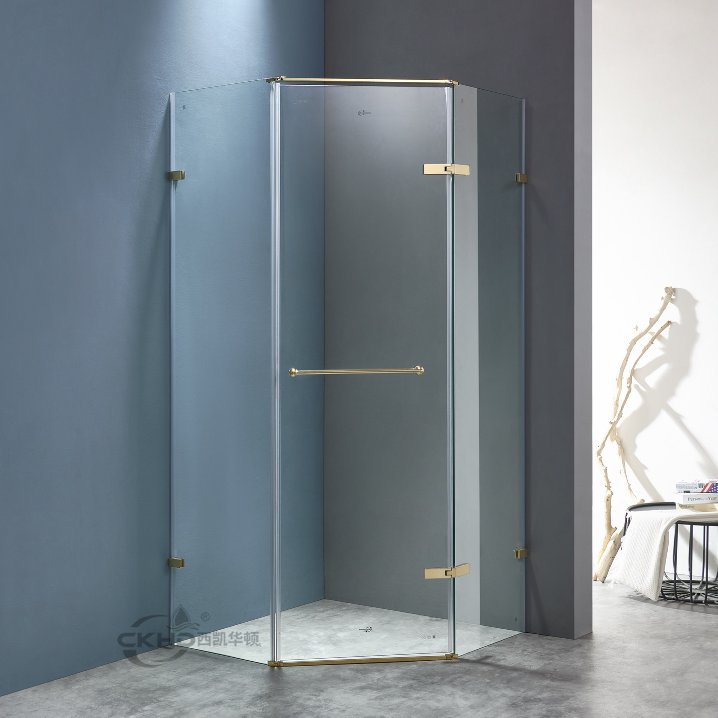 不锈钢淋浴房整体浴室隔断细拉杆极简钛金色无框玻璃钻石形平开门