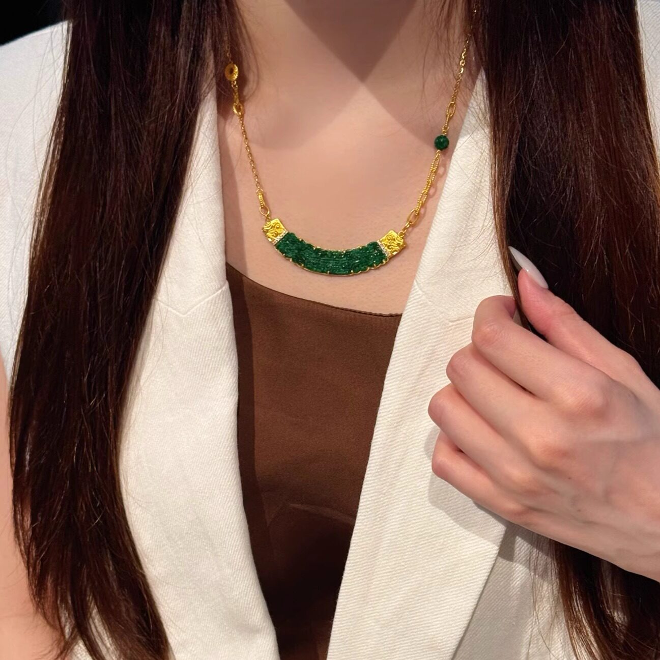 黄金女吊坠吊牌项链足金999翡翠项圈结婚送礼高级感证书支持复检