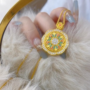 黄金吊坠可转动八宝罗盘女士珐琅精工镶嵌宝莲宝相花吊坠足金999