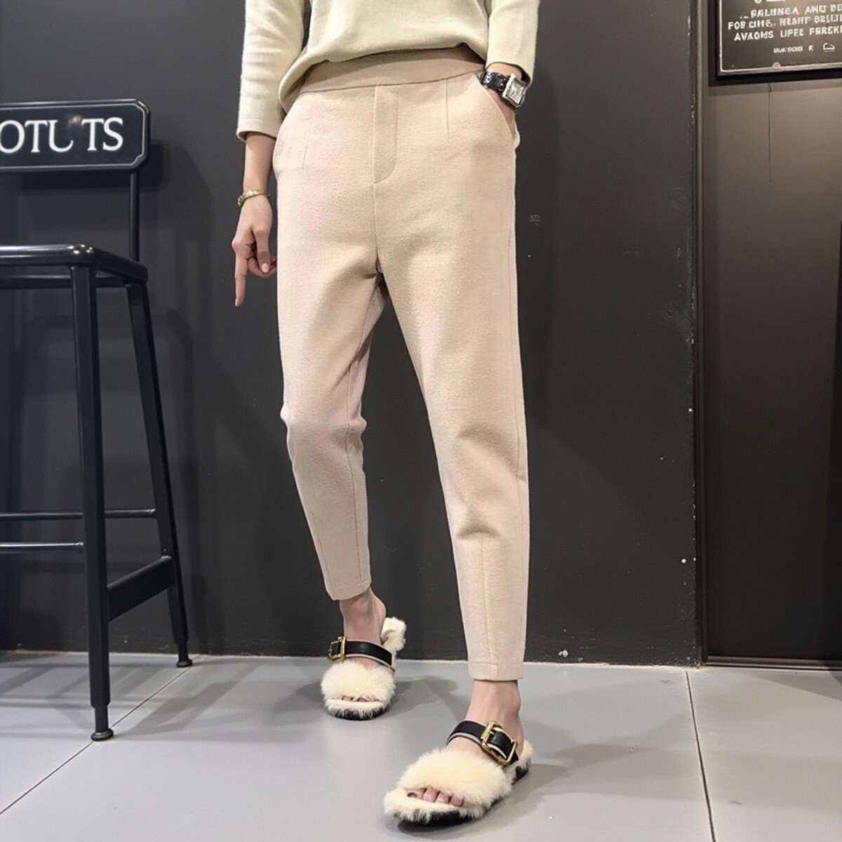 春秋2025新款薄毛呢裤女早春微弹力韩版小脚垮裤显瘦潮流九分裤子