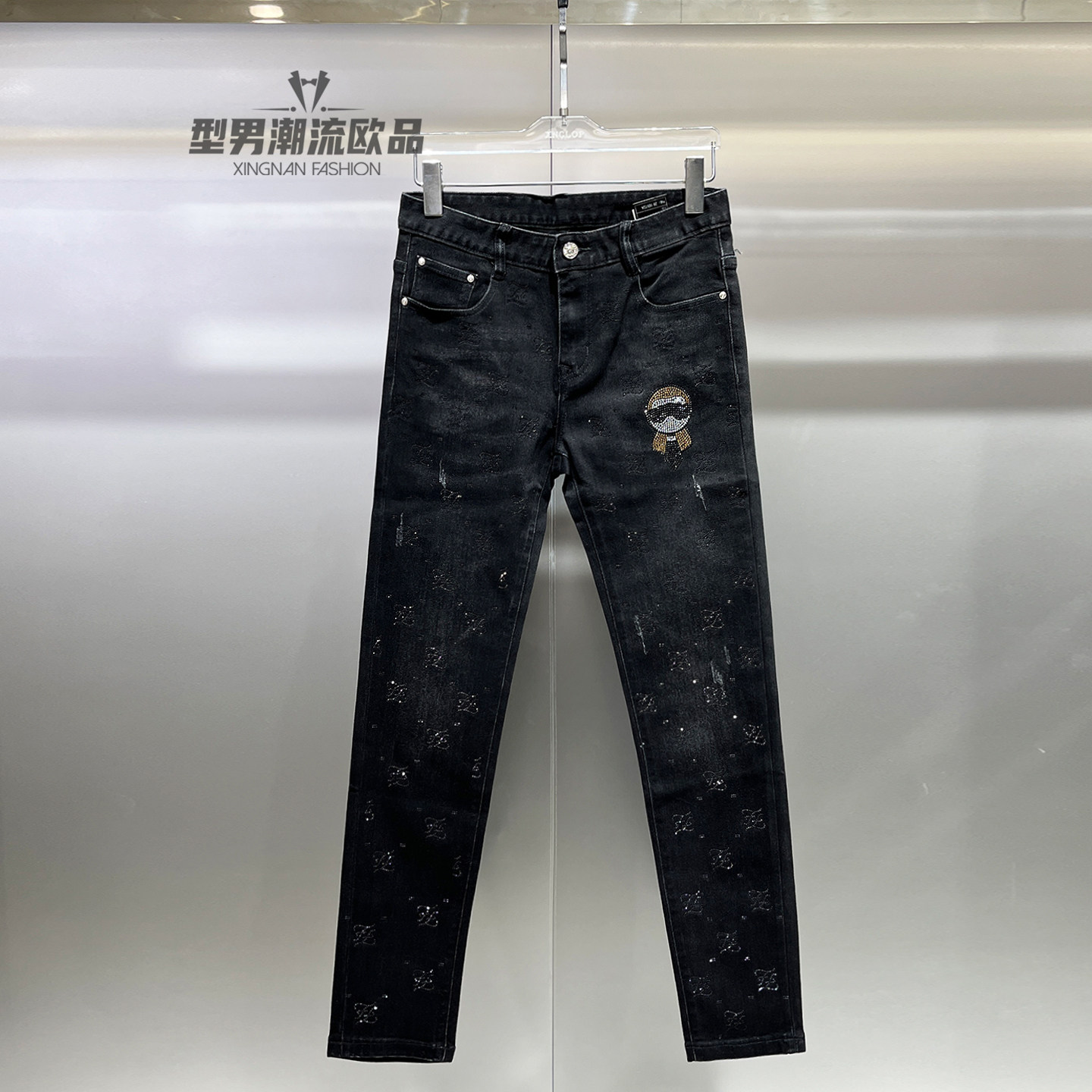 欧洲站男士烫钻牛仔裤修身小脚裤