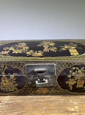 老物件 清代 春和号 老木胎大漆描金开窗宝鼎花卉纹文盒 储物盒