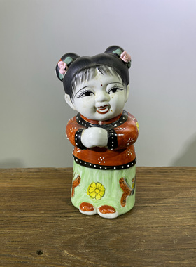 老物件 创汇时期 潮州陶瓷 粉彩 招财童子摆件 手绘