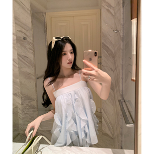Tongse 荷叶边显瘦上衣夏 桃乐丝 肌理感天丝亚麻吊带背心女夏季