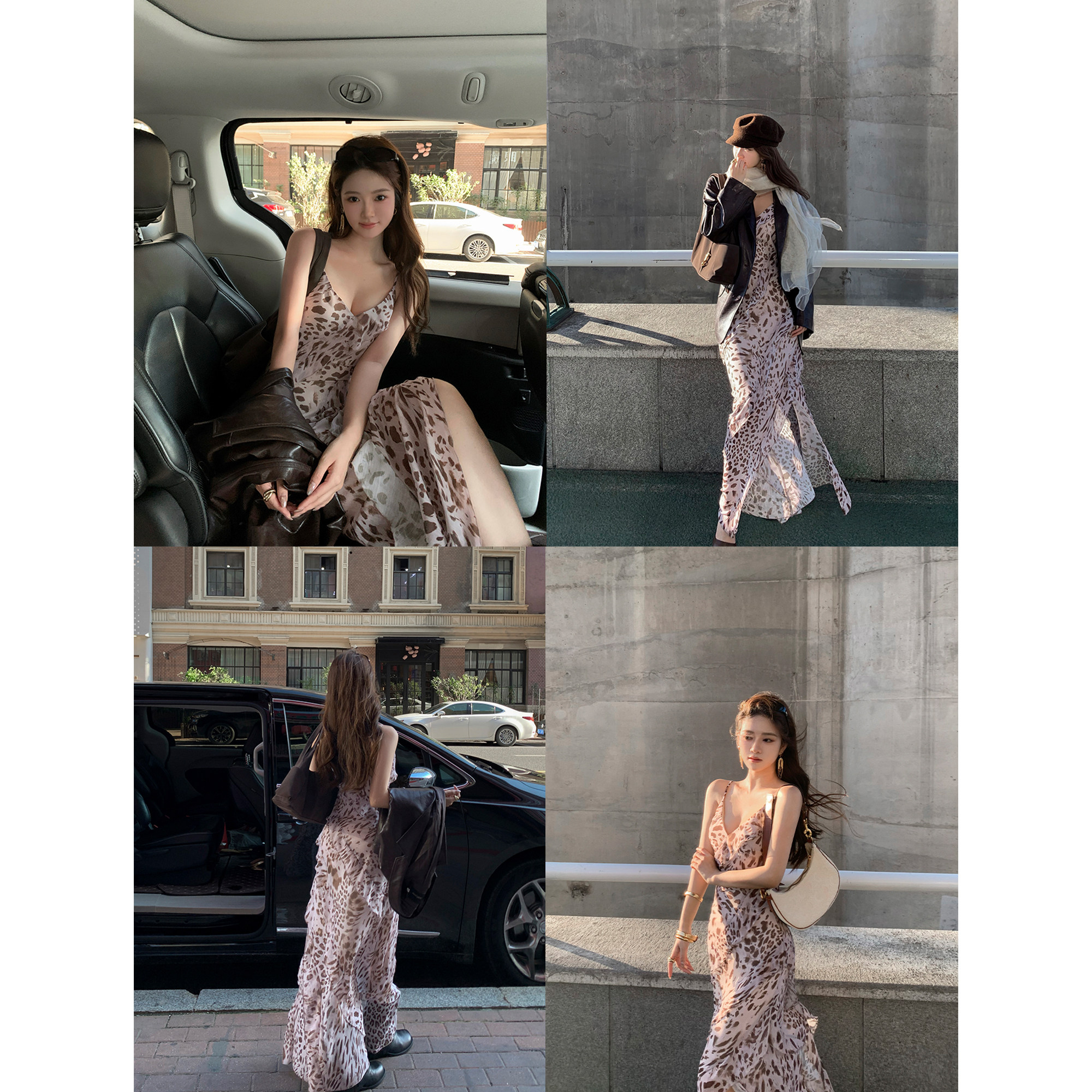 Tongse | 美神裙 荷叶边V领吊带裙修身连衣裙性感豹纹包臀裙长裙