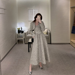 纸片人既视感粗花呢高腰撒阔连衣裙套装 清仓7折 中古香乃乃套装