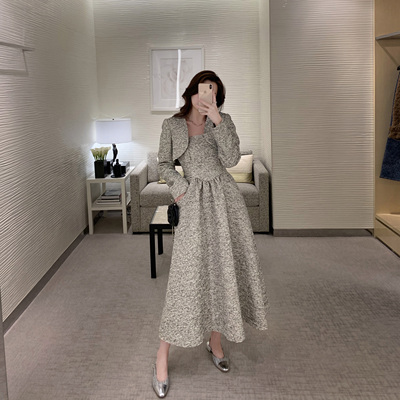 清仓7折！中古香乃乃套装 纸片人既视感粗花呢高腰撒阔连衣裙套装