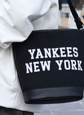 24新款MLB情侣水桶包男女NY复古学院风单肩斜挎包拎包3ABMS024N