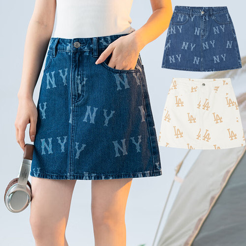 24新款MLB牛仔裙女NY复古老花满印高腰半身裙A字短裙3FDSB0143