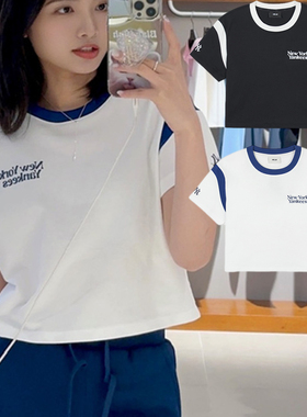 24新款MLB短袖女NY学院风拼接撞色短款圆领休闲运动T恤3FTSV0343