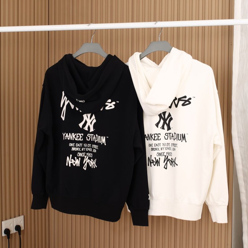 26新款MLB情侣卫衣男女NY手绘字母印花连帽运动套头衫3AHDB0361