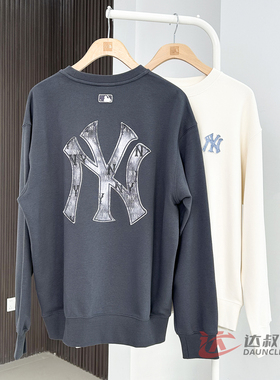 25新款MLB情侣卫衣男女NY仿牛仔老花大标圆领运动套头衫3AMTM0754