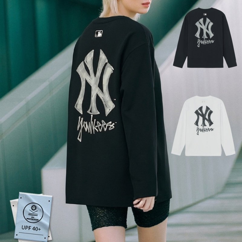 26新款MLB情侣长袖男女NY大标涂鸦防晒宽松休闲运动T恤3ATSB0261