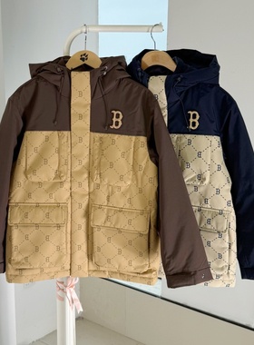 25新款MLB情侣羽绒服男女钻石老花拼接连帽运动棉羽外套3ADJM0156