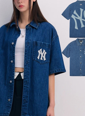 24新款MLB情侣牛仔外套男女NY大标印花运动休闲短袖衬衫3ADRB0743