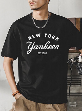 MLB情侣短袖男女复古学院风宽松休闲纯棉圆领运动T恤3ATSB4033