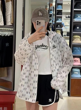 25新款MLB情侣外套男女NY老花满印凉感防晒连帽运动夹克3AWJM0753