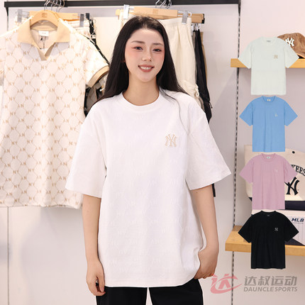 25新款MLB情侣短袖男女NY钻石暗纹老花满标圆领运动T恤3ATSM1353