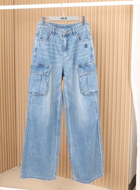 26新款MLB牛仔裤女子水洗蓝工装阔腿裤宽松休闲直筒长裤3FDPB0261