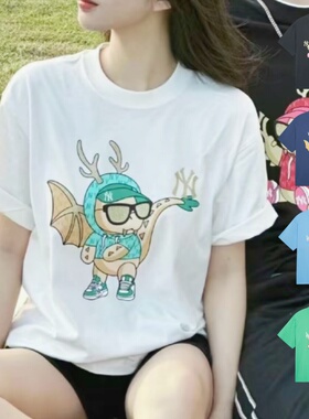 24新款MLB情侣短袖男女NY龙年限定卡通印花运动休闲T恤3ATSQ0141