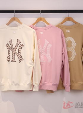 25新款MLB情侣卫衣男女NY老花大标刺绣圆领运动套头衫3AMTM0451
