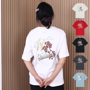 26新款MLB情侣短袖男女NY马年印花防晒宽松休闲运动T恤3ATSQ0261