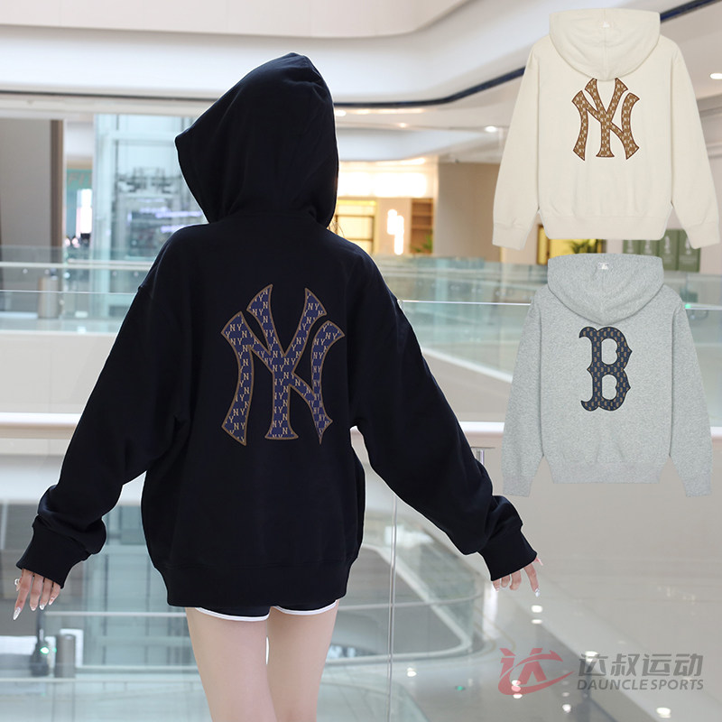 24新款MLB情侣外套男女NY老花大标连帽开衫休闲运动夹克3ATRM0544