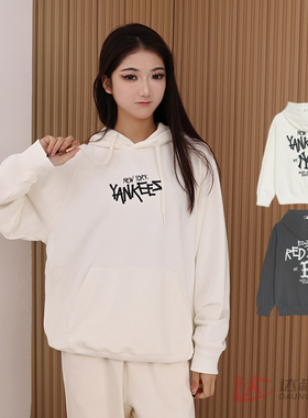 25新款MLB情侣卫衣男女NY复古字母印花连帽运动套头衫3AHDB0551