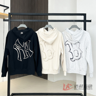 25新款MLB情侣卫衣男女NY大标印花加绒连帽运动套头衫3AHDB0756