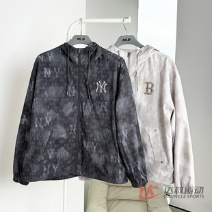 25新款MLB情侣外套男女NY老花满印水洗扎染连帽运动夹克3AWJM0654