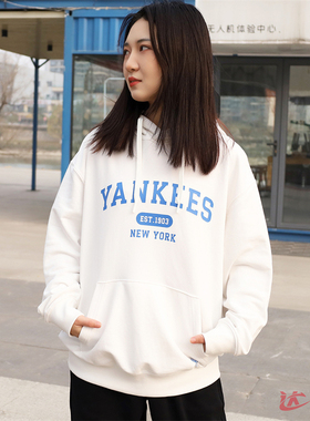 24新款MLB情侣运动卫衣男女NY复古学院风休闲连帽套头衫3AHDV0141