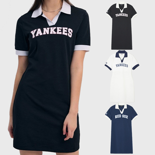 24新款MLB连衣裙女复古学院风拼色polo翻领休闲运动裙3FOPV0143