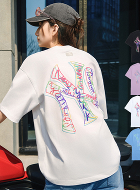 25新款MLB情侣短袖男女NY彩色手绘大标印花圆领运动T恤3ATSB0953