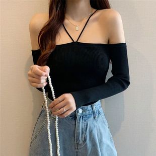 秋冬长袖针织衫女装2025年新款性感一字肩修身挂脖打底衫短款上衣