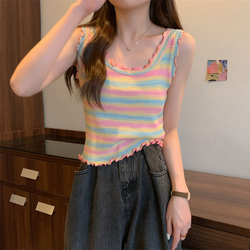 彩虹色条纹吊带小背心女外穿设计感甜辣妹打底衫洋气无袖别致上衣