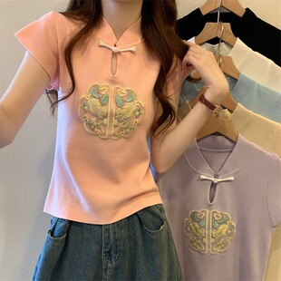 国风短袖 短款 女T恤夏季 高端刺绣设计感显瘦修身 上衣 新款 新中式