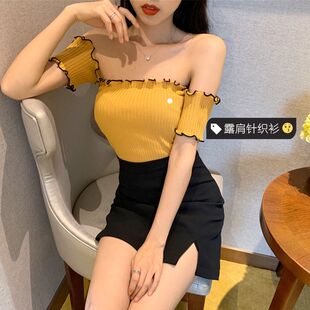 短袖露肩修身针织衫木耳边一字领打底上衣2025春季韩版时尚百搭女