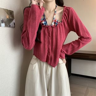 美式辣妹设计感挂脖假两件针织衫春装女2025年新款不规则短款上衣