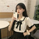 龄蝴蝶结上衣针织衫 2025夏季 打底衫 拼色木耳边翻领短袖 T恤 新款