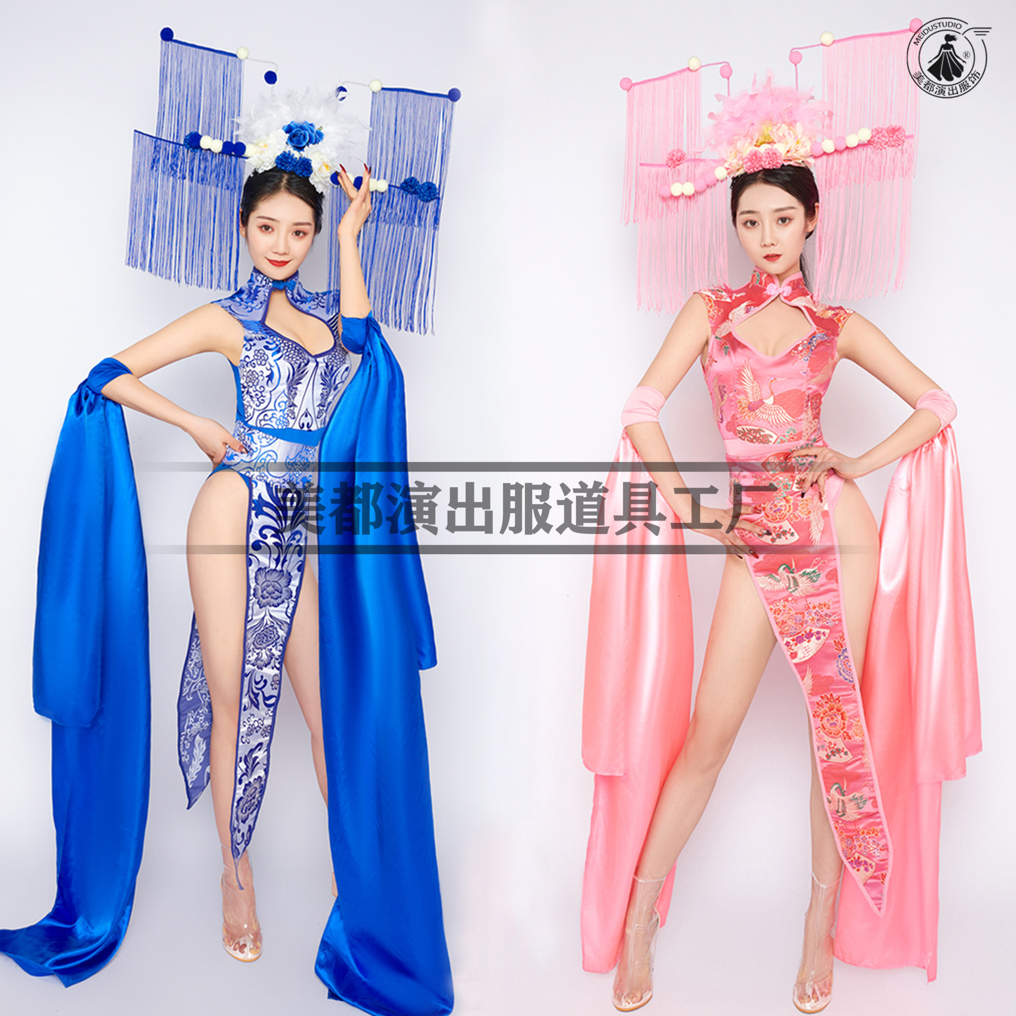 美都酒吧gogo演出服中国风国朝粉色仙鹤蓝色青花瓷端午中秋ds新款