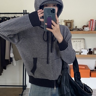 NSS韩系1oo羊毛条纹针织开衫 条纹带帽上衣 休闲连帽外套经典