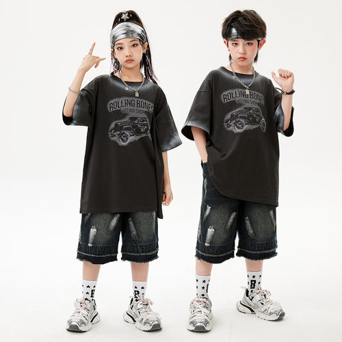 嘻哈童装潮牌街舞少儿字母卡通短袖套装儿童潮服hiphop男童演出服