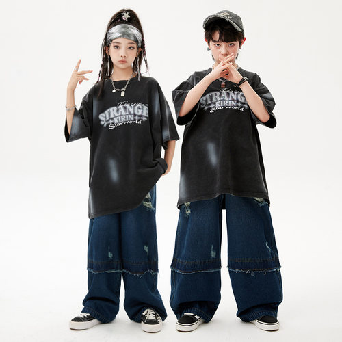 街舞儿童潮服嘻哈字母复古短袖男童服装hiphop架子鼓女童演出服夏