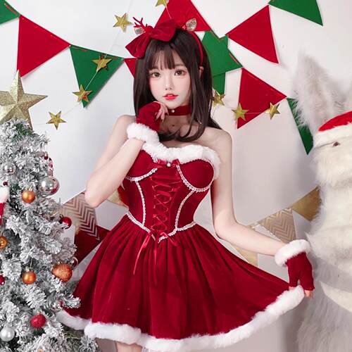2026圣诞节服装红Lolita日本性感裹胸新年战袍圣诞装狂欢节连衣裙