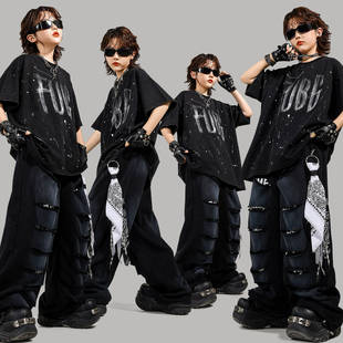 街舞儿童潮服嘻哈少儿hiphop女童潮牌童装男童破洞牛仔长裤演出服