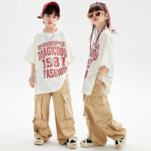 嘻哈宽松街舞工装裤少儿hiphop舞蹈演出服男女童套装儿童表演潮服