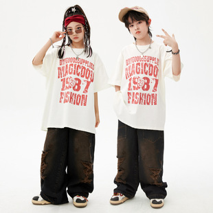 少儿hiphop街舞牛仔裤嘻哈宽松男童套装女童爵士舞炸街潮装演出服