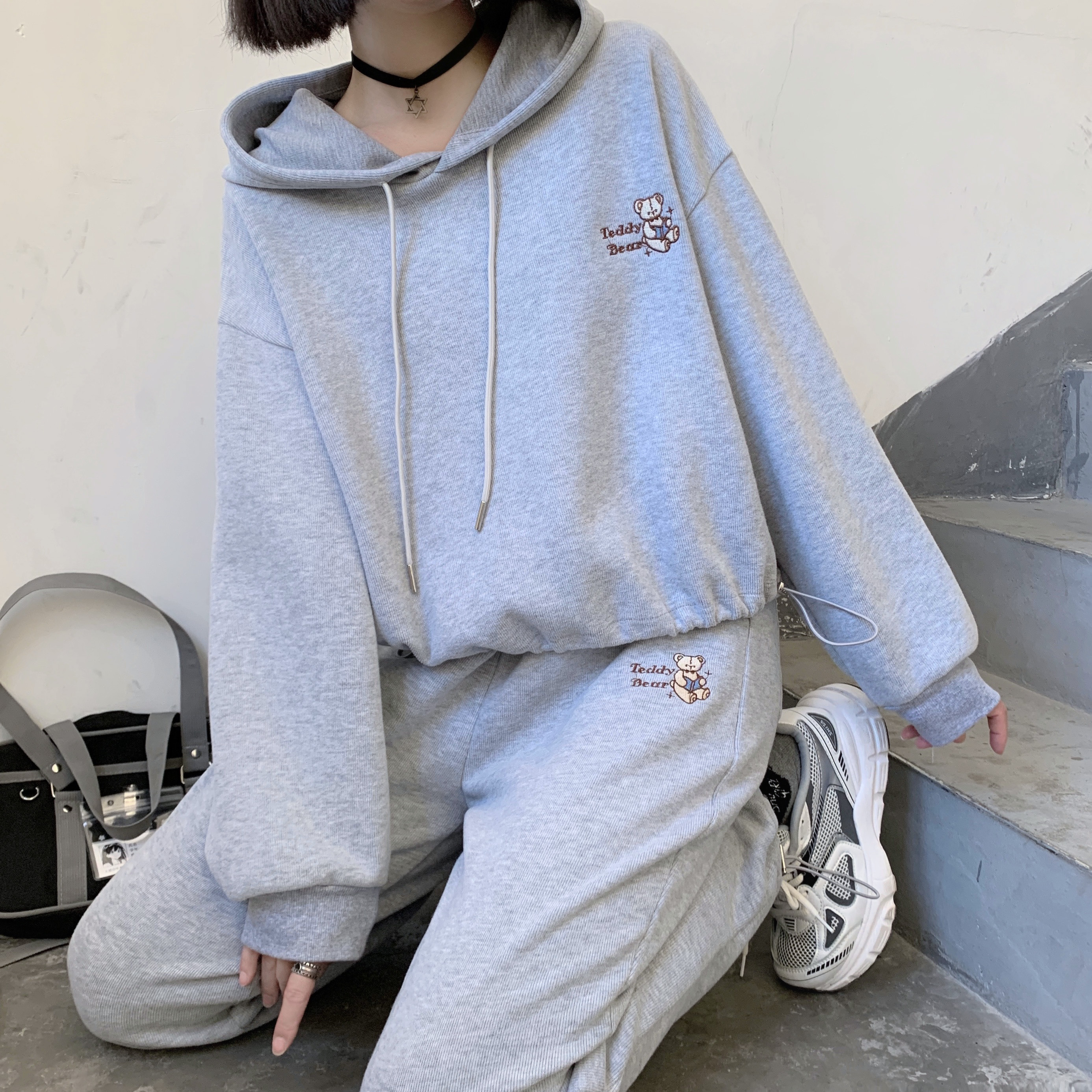 星依初JK秋冬卫衣套装新款休闲运动两件套时尚束脚阔腿裤卫裤女灰