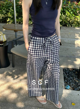 欧洲站2026夏季新款设计师款小众复古格子印花宽松百搭休闲裤女