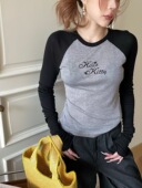 修身 SKip 上衣 后背猫咪图案T恤女秋季 长袖 Smile 甜酷风撞色插肩袖